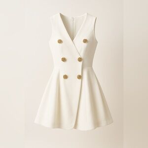 White Sleeveless Dress with Gold Button Details | Elegant A-line Silhouette